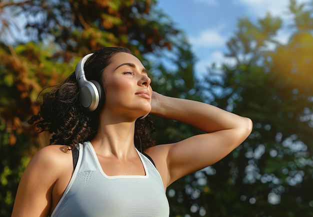 Retrato de uma jovem mulher usando fones de ouvido ouvindo música durante o treino