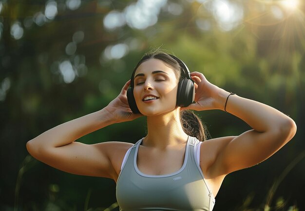 Foto retrato de uma jovem mulher usando fones de ouvido ouvindo música durante o treino