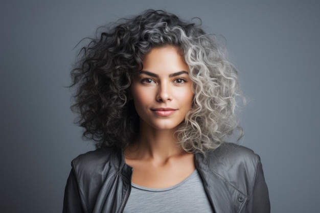 Retrato de uma jovem multicultural com cabelos brancos encaracolados em uma filmagem de estúdio