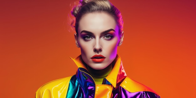 Retrato de uma jovem na moda com roupas brilhantes e iluminação neon brilhante generativa ai