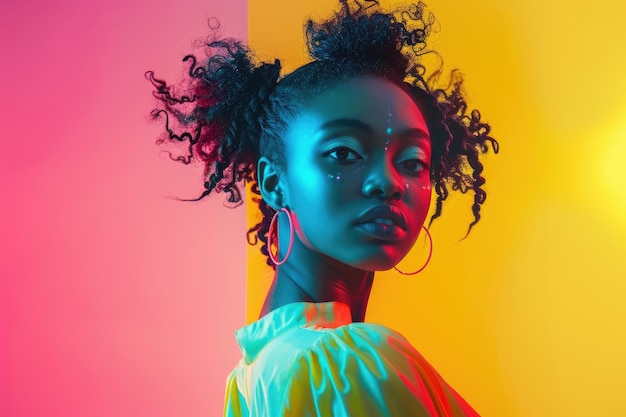 Foto retrato de uma jovem negra elegante com cachos afro