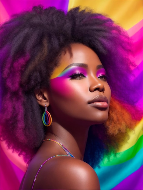 Retrato de uma jovem negra em um fundo de arco-íris