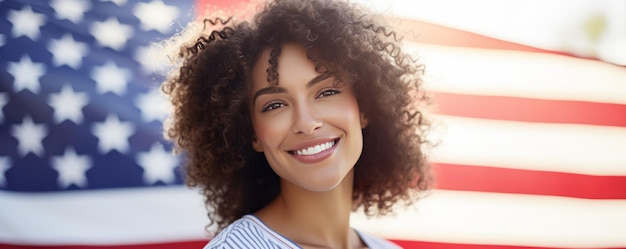 Foto retrato de uma jovem negra feliz com a bandeira dos estados unidos no fundo.