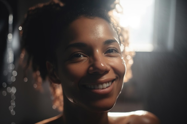 Retrato de uma jovem negra positiva no banheiro pela manhã Sorrindo mulher afro-americana molhada olhando para a câmera depois do banho IA generativa