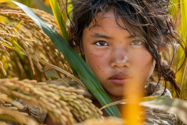 Foto retrato de uma jovem olhando através de campos de arroz dourados no campo emotivo