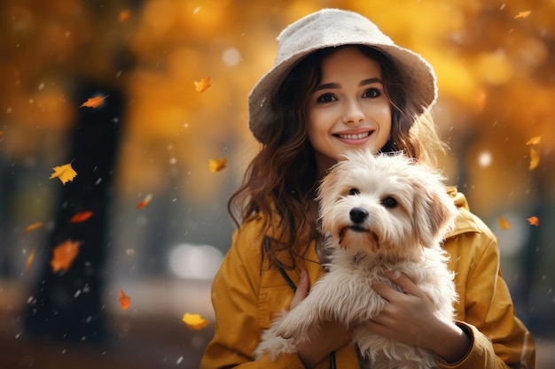 retrato de uma jovem passeando com seu cachorro no parque em dia chuvoso de outono segurando guarda-chuva AI Generate