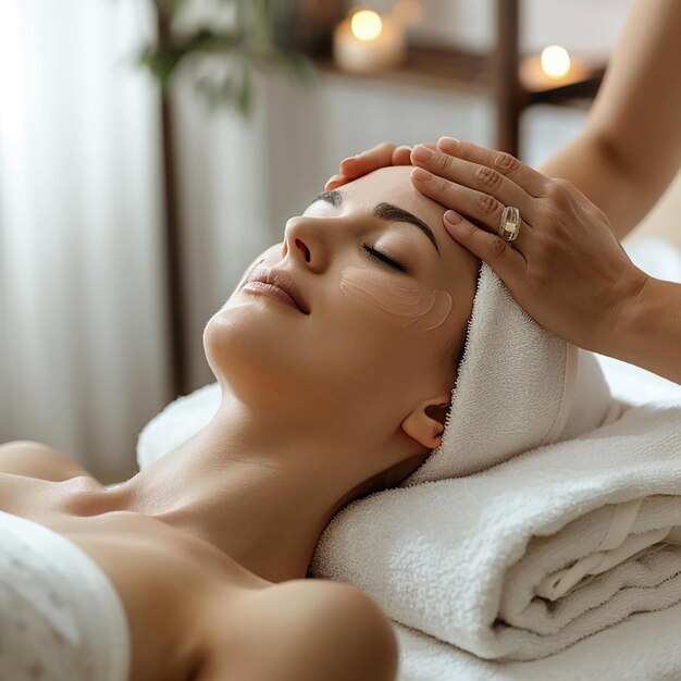 Foto retrato de uma jovem recebendo um tratamento facial de massagem na cabeça em um salão de spa