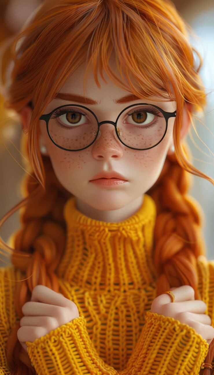 Foto retrato de uma jovem ruiva com óculos e sardas vestindo um suéter de tricô amarelo profundo