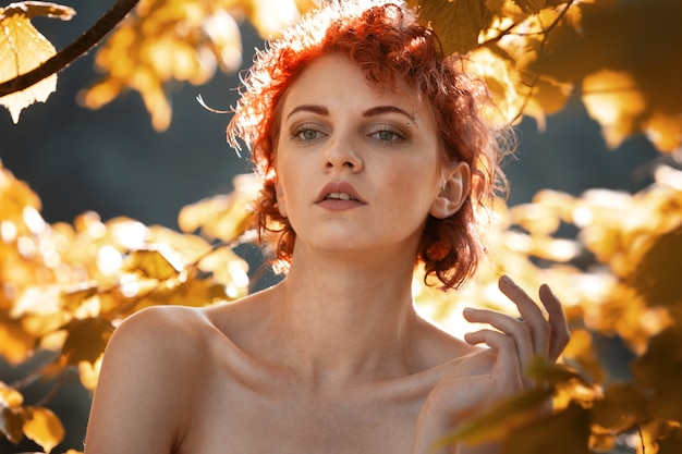 Retrato de uma jovem ruiva entre a folhagem de outono das árvores iluminadas pelos raios do sol