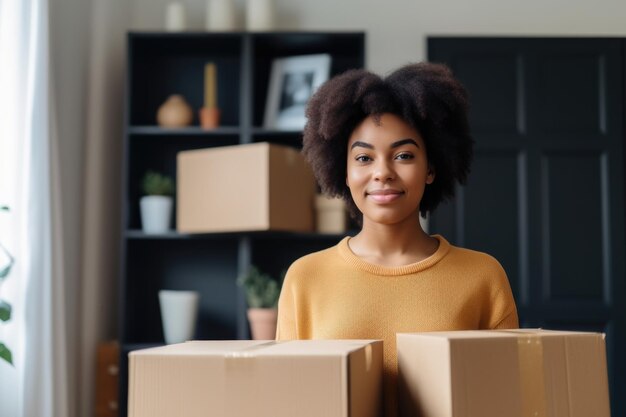 Retrato de uma jovem segurando caixas em sua casa criadas com IA generativa