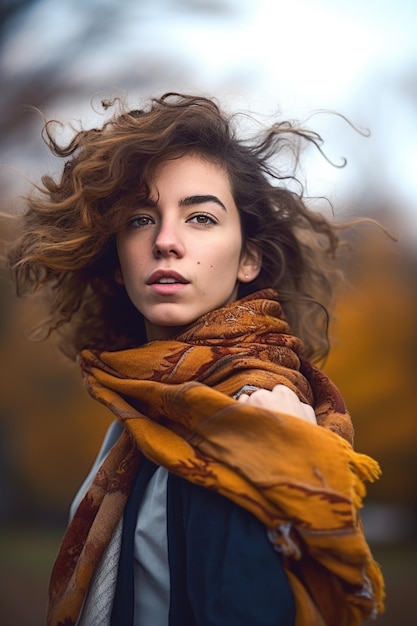 Retrato de uma jovem segurando seu lenço ao vento