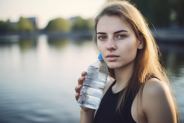 Retrato de uma jovem segurando uma garrafa de água
