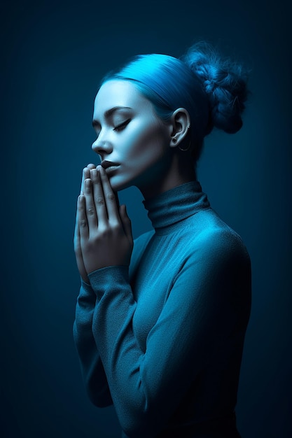 Retrato de uma jovem sensual com as mãos no pagador em um fundo de estúdio azul generativo AI