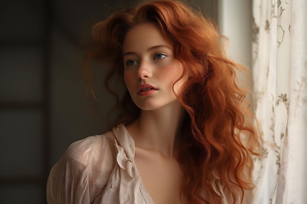 Retrato de uma jovem sensual de cabelos vermelhos com cabelos compridos e rizados.