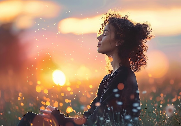 Foto retrato de uma jovem sentada em um campo fazendo meditação e ioga