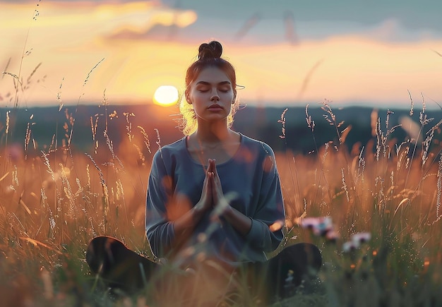 Foto retrato de uma jovem sentada em um campo fazendo meditação e ioga