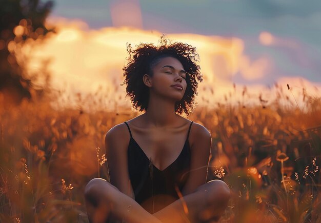 Retrato de uma jovem sentada em um campo fazendo meditação e ioga