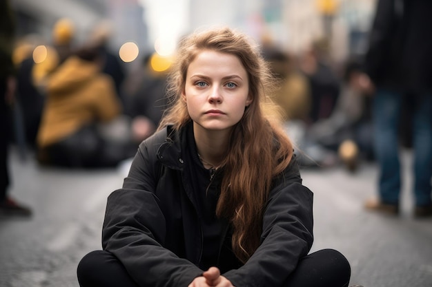 Retrato de uma jovem sentada em um protesto criado com IA generativa