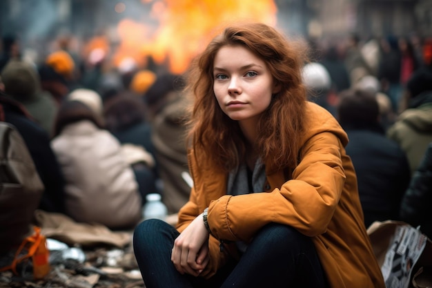 Retrato de uma jovem sentada em um protesto criado com IA generativa