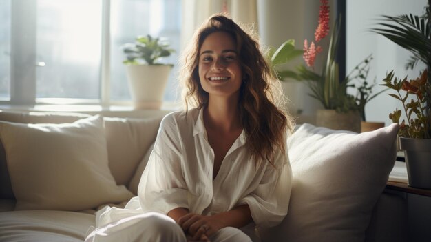 Foto retrato de uma jovem sentada em um sofá e sorrindo