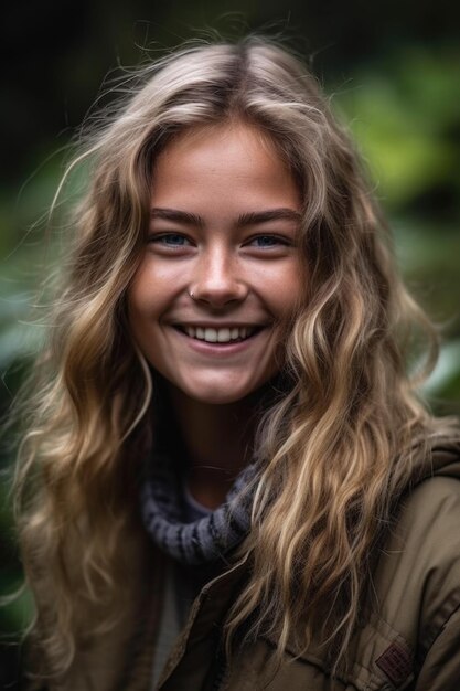 Retrato de uma jovem sorridente ao ar livre criada com ai generativa