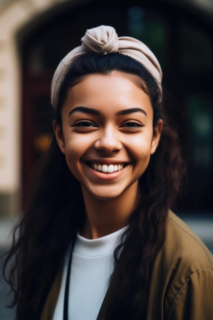 Retrato de uma jovem sorridente aproveitando seu tempo na universidade criado com IA generativa