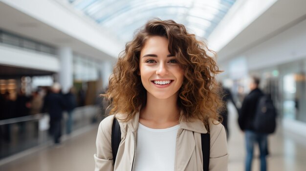 Retrato de uma jovem sorridente com cabelos cacheados em um shopping