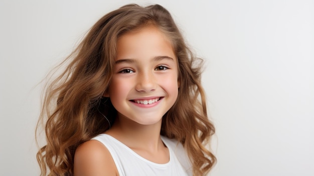 Foto retrato de uma jovem sorridente com longos cabelos castanhos