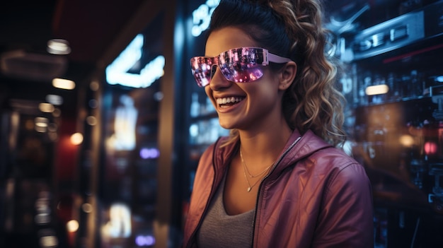 Retrato de uma jovem sorridente com óculos cor-de-rosa futuristas dentro de casa