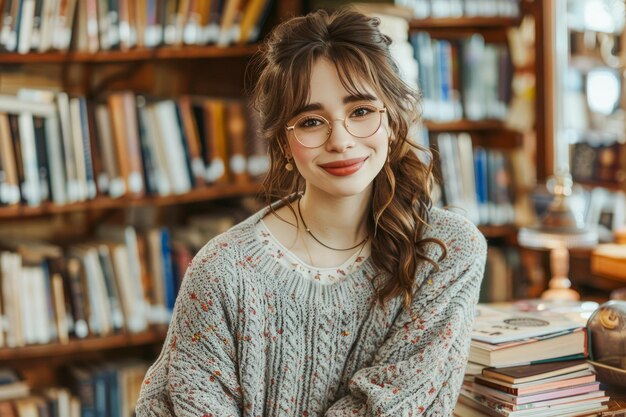 Retrato de uma jovem sorridente com óculos em um ambiente aconchegante de biblioteca cercada de livros