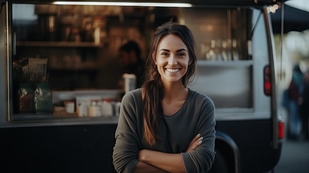 Retrato de uma jovem sorridente de pé com os braços cruzados em uma cafeteria