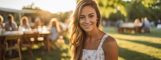 Retrato de uma jovem sorridente durante uma festa de piquenique com seus amigos