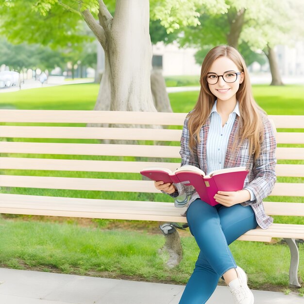 Retrato de uma jovem sorridente e confiante, de óculos, sentada no banco e lendo um livro