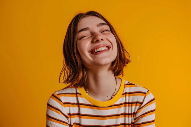 Foto retrato de uma jovem sorridente em fundo amarelo