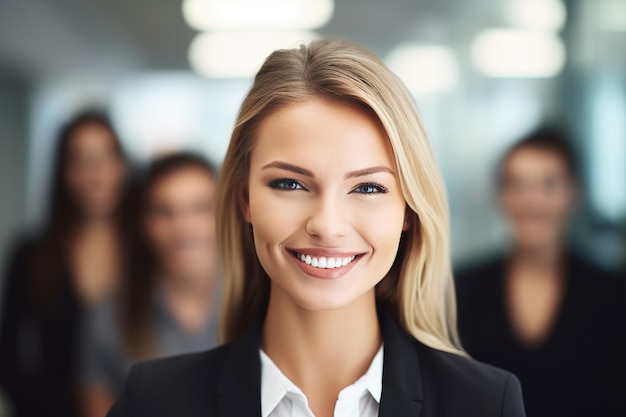 Retrato de uma jovem sorridente na frente de seus colegas de trabalho criado com IA generativa