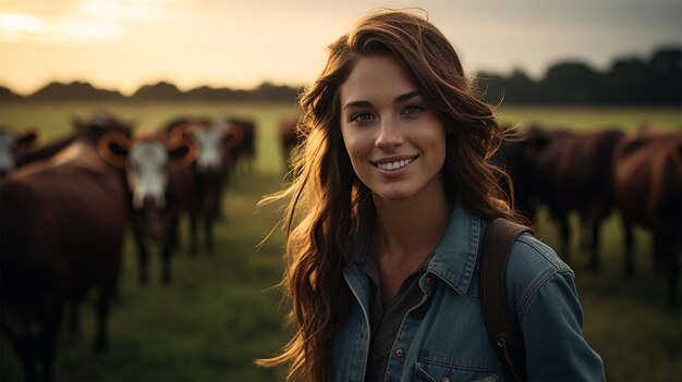 Foto retrato de uma jovem sorridente olhando para a câmera enquanto está de pé no campo com vacas