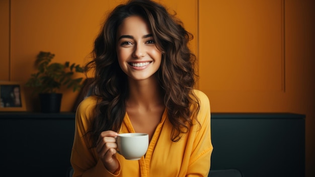 Retrato de uma jovem sorridente segurando a xícara de café em casa Garota animada vestindo amarelo