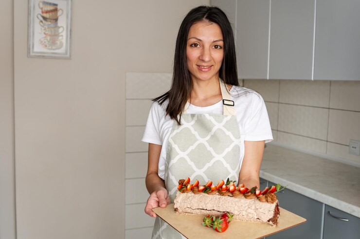 Foto retrato de uma jovem sorridente segurando comida em casa