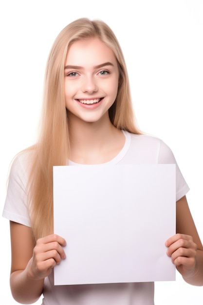 retrato de uma jovem sorridente segurando um cartaz em branco isolado no branco criado com generativo ai