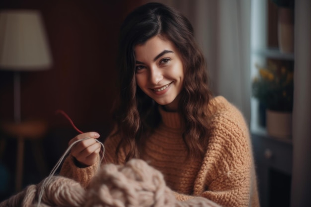 Retrato de uma jovem sorridente tricotando um suéter em casa criado com ai generativa