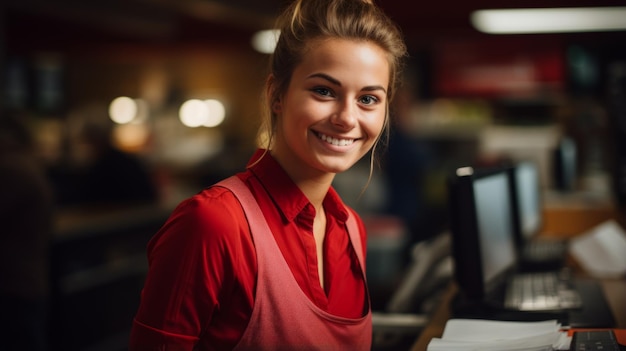 Foto retrato de uma jovem sorridente vestindo um avental vermelho de pé em um supermercado