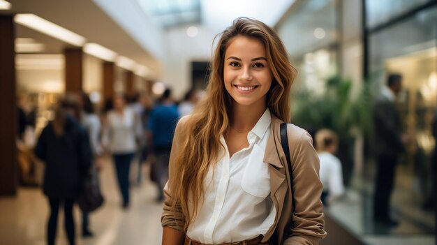 Retrato de uma jovem sorrindo em um shopping