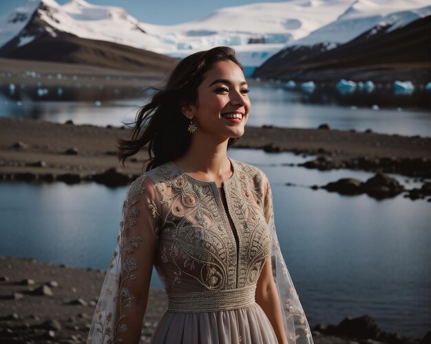 Retrato de uma jovem sorrindo para a câmera em frente a icebergs ai generativo