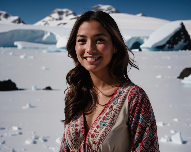 Retrato de uma jovem sorrindo para a câmera em frente a icebergs ai generativo