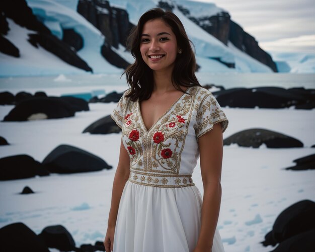 Retrato de uma jovem sorrindo para a câmera em frente a icebergs ai generativo