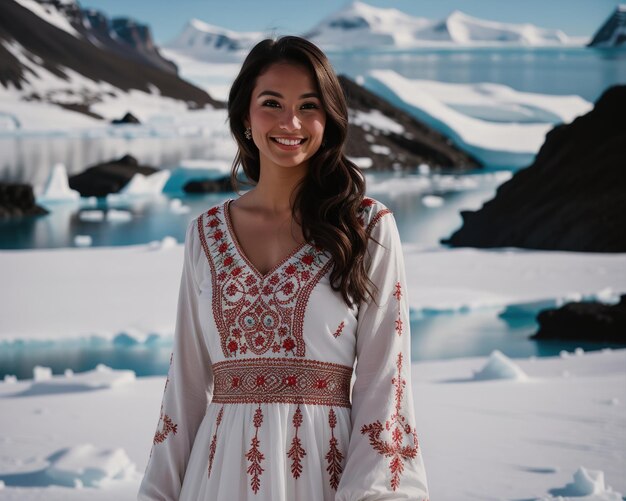 Retrato de uma jovem sorrindo para a câmera em frente a icebergs ai generativo