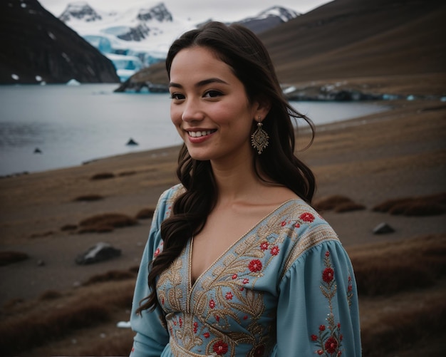 Retrato de uma jovem sorrindo para a câmera em frente a icebergs ai generativo