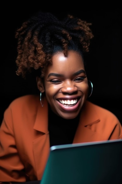 retrato de uma jovem sorrindo para a tela de seu laptop criada com IA generativa