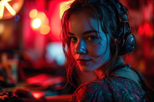 Retrato de uma jovem streamer usando fones de ouvido em luz neon