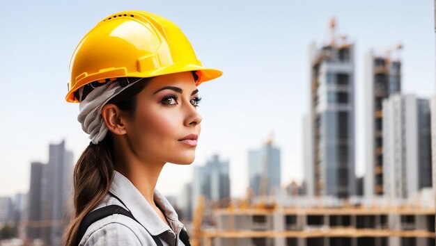 Retrato de uma jovem trabalhadora da construção mulher com capacete de segurança deixando ver edifícios da cidade sob co